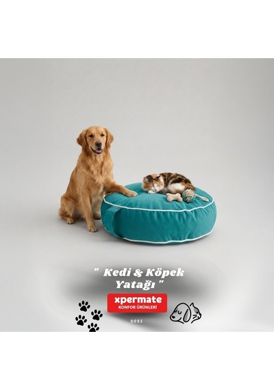 Xpermate Fermuarlı Kedi ve Köpek Minderi Yuvarlak Kedi Minderi Yıkanabilir Kedi Köpek Yatağı Turkuaz