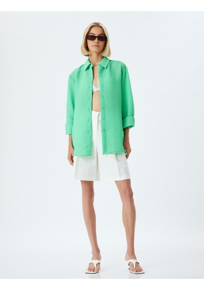 Koton Oversize Gömlek Dokulu Uzun Kollu Yeşil 4sak60179ew Yeşil