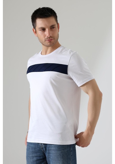 Erkek İki Renk Parçalı Bisiklet Yaka T-shirt - Pamuklu Tişört Beyaz