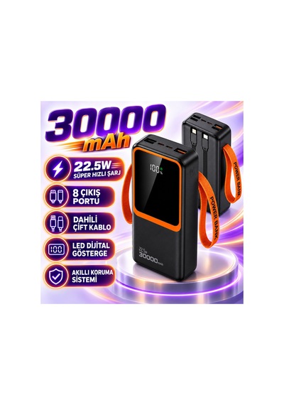 30000 Mah 22.5w Hızlı Şarj Powerbank Dijital Göstergeli Dahili Kablolu Çoklu Çıkışlı Taşınabilir Şarj Cihazı-re-ck011 Diğer
