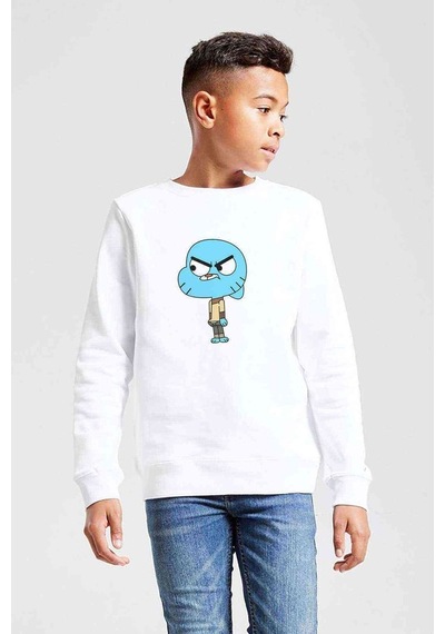 Tshirthane Gumball Gumball Baskılı Unisex Çocuk Beyaz Sweatshirt Beyaz