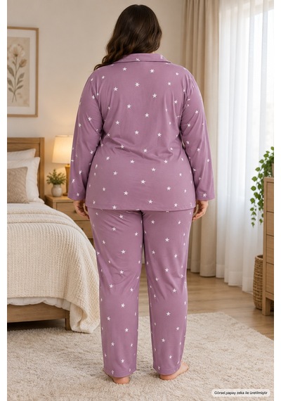 Seboteks Milan Kumaş Önden Düğmeli Uzun Kollu Büyük Beden Kadın Pijama Takımı 3499 Lila