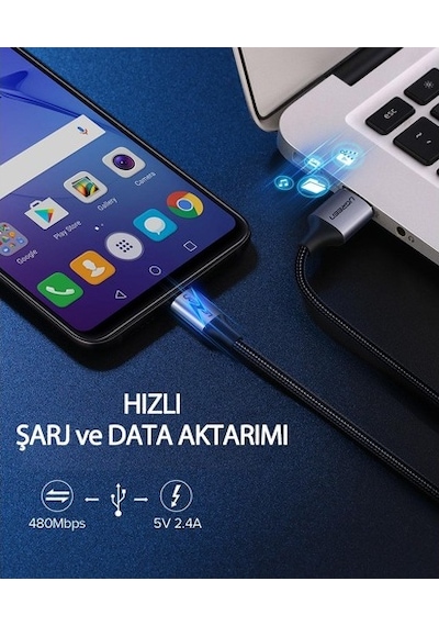 Ugreen 2.4A Micro USB Örgülü Data ve Hızlı Şarj Kablosu Beyaz 1 Metre