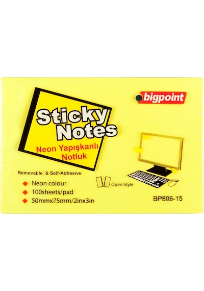 Bigpoint Yapışkanlı Not Kağıdı 75x50mm Neon Sarı X 12 Adet