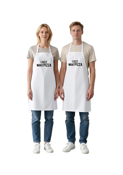 Erkek Unisex Mutfak Aşçı Önlüğü Pizza Baskılı Halter Yaka Cepli R Beyaz