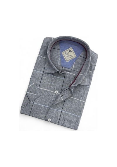 Linen Keten Klasik Kısa Kollu Gri Gömlek Regular Kalıp -10017 Gri