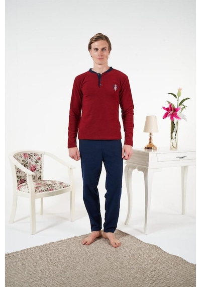 Estiva Düz Renk Uzun Kol Polar Erkek Pijama Takım Bordo