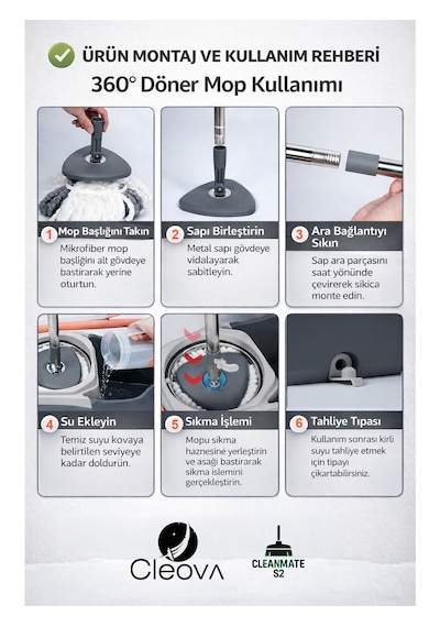Cleova Cleanmate S2 Pedallı Mop Temizlik Seti Tekerlekli Kova Çıkarılabilir Çelik Sepet