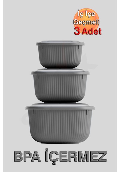 İç İçe Geçmeli Snaplid Kare Saklama Kabı 600 - 1100 - 1800 Ml Üçlü Set Antrasit