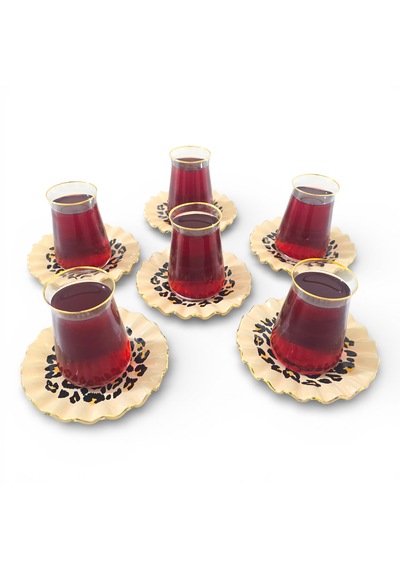 Sudedi Home Leopar Desenli Gerçek Altın Yaldızlı Kristal Cam Çay Takımı 6 Kişilik Çok renkli