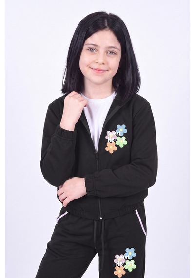 Fyk Kids Kız Çocuk Sweet Heart Baskılı Dik Yaka Çift Cepli Fermuarlı Eşofman Takımı Siyah