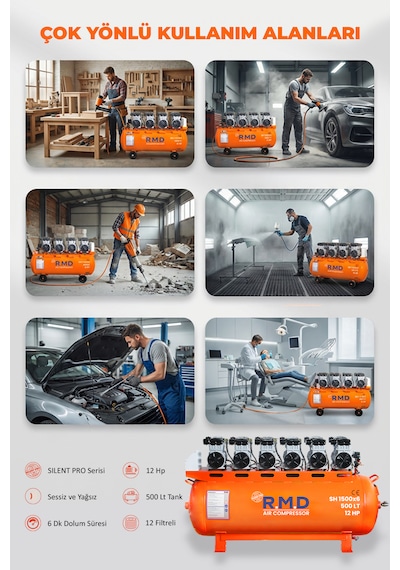 500 Lt 8 Bar 12 Hp Hava Kompresörü Sessiz Ve Yağsız