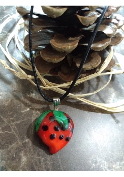 Balıkhediyelikfoto Handmade El Yapimi Murano Cam Kolye-Çilek Modeli Altın
