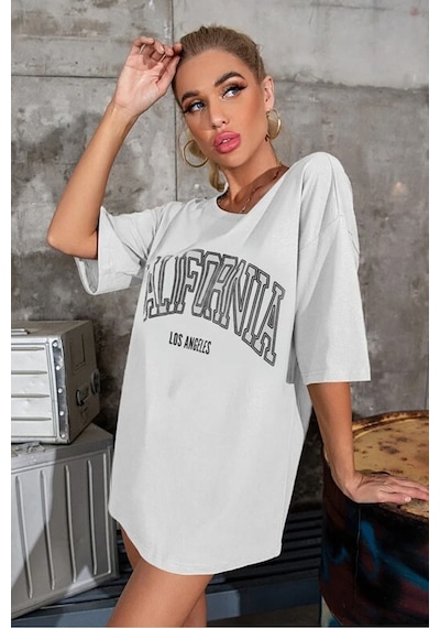 Blackjack Giyim Kadın Beyaz Oversize California Los Angeles Baskılı T-shirt Beyaz
