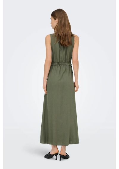 Only Kadın Onlgoa Kruvaze Yaka Beli Lastikli Keten Maxi Elbise 15363694 Haki