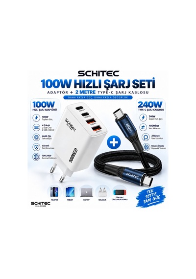 Schitec 100w 4 Çıkışlu Hızlı Şarj Başlığı Ve 240w Type-c To Type-c Süper Hızlı Şarj Kablosu 2 Metre