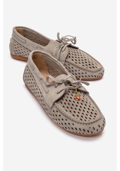 Luvishoes Stevo Bej Süet Hakiki Deri Delikli Bağcıklı Kadın Loafer Ayakkabı