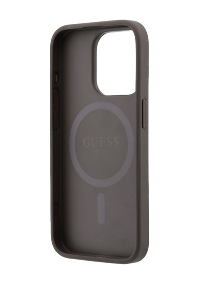 İphone 15 Pro Uyumlu Kılıf Guess Lisanslı M-safe Kabartmalı 4g Desenli Yazı Logolu Kapak Kahverengi