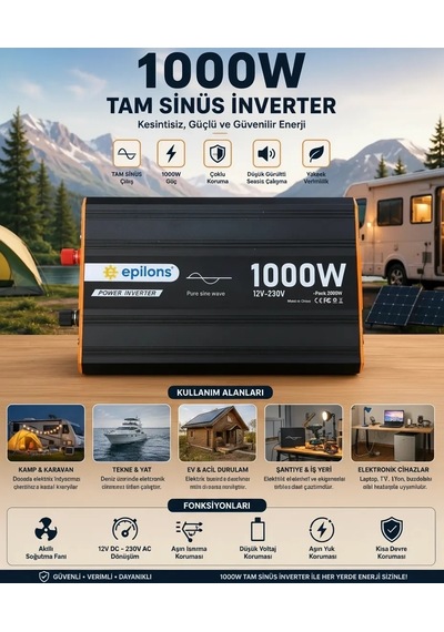 1000w Tam Sinüs İnverter 12v Ac Çevirici Sessiz Fanlı, Usb Çıkışlı, Araç Karavan Tekne Solar Uyumlu Güç İ