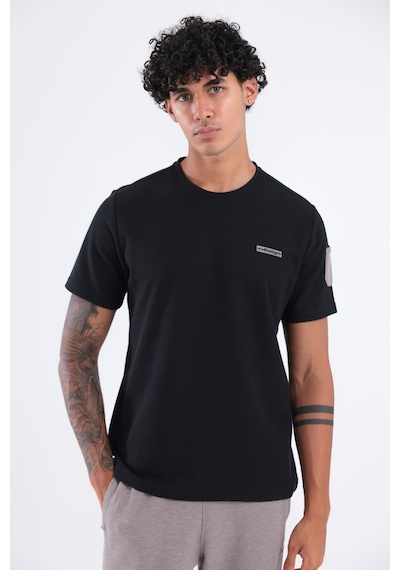 Rowinger Waffle Örgü Dokulu Göğüs Logolu Kolda Mini Cep Detaylı Bisiklet Yaka Erkek Spor T-shirt Siyah