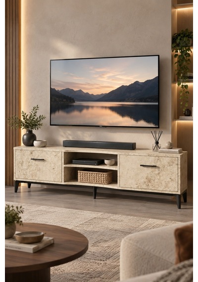Sulorahome Ekru Traverten Desenli Suntalam Tv Sehpası 160x35 Cm