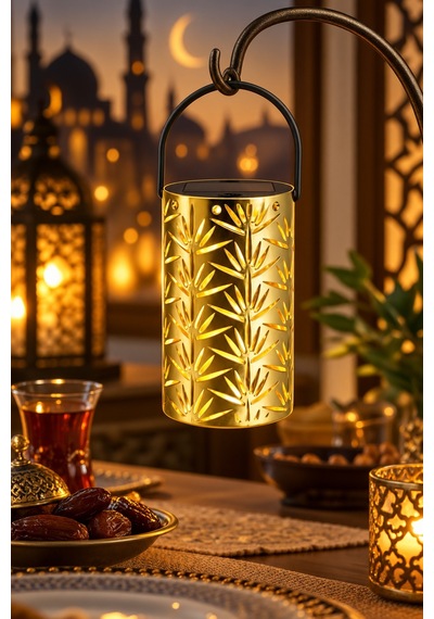 Gold Metal Yapraklı Askılı Pilli Led Fener Halloween Yılbaşı Ramazan Dekor Süsü 12,5 X 7,5 Cm Renkli