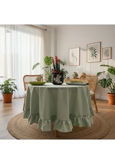 Premium Keten Adaçayı Yeşil Fırfırlı Yuvarlak Masa Örtüsü Adaçayı Yeşili