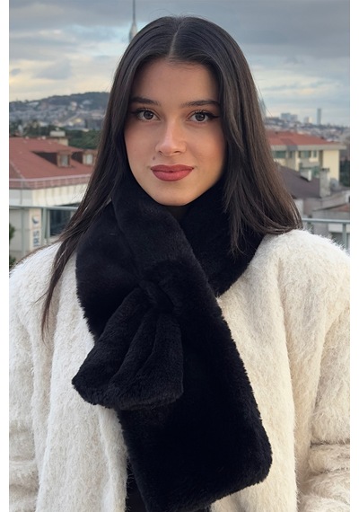 Mollycrush Kadın Siyah Peluş Atkı Kışlık Şık Suni Kürklü Siyah