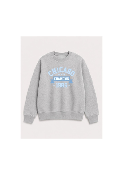 Herkesemoda Chicago Baskı Detaylı Bisiklet Yaka Şardonlu 2 İplik Sweatshirt Gri