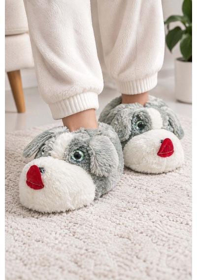 Modafocus Sevimli Köpek Figürlü Peluş Unisex Ev Pandufu - Sevgili Kombin - Gri Dilli Gri Dilli