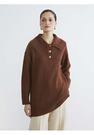 Lcw Modest Kahverengi Polo Yaka Kadın Triko Kazak