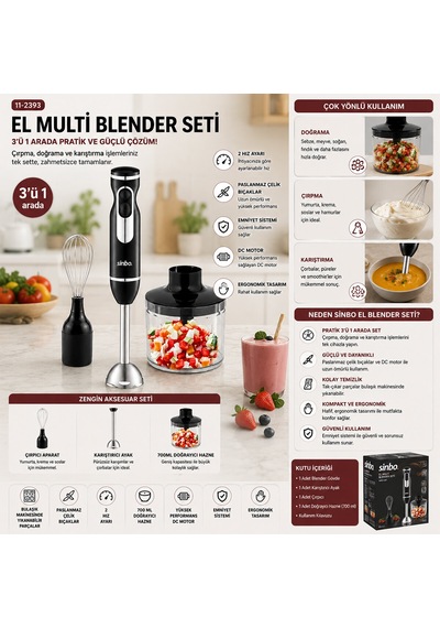 2hız Ayar - Paslanmaz Çelik Bıçak El Multi Blender Seti 700ml Hazneli Shb-7529 5286
