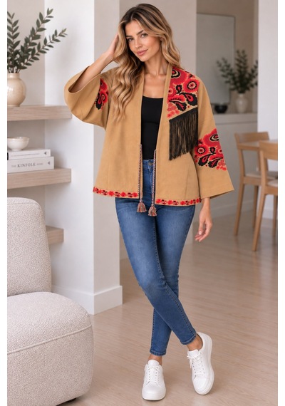 Lima Camel Kadın Nakışlı Ceket Etnik Desenli Püskül Detaylı Kimono Ceket