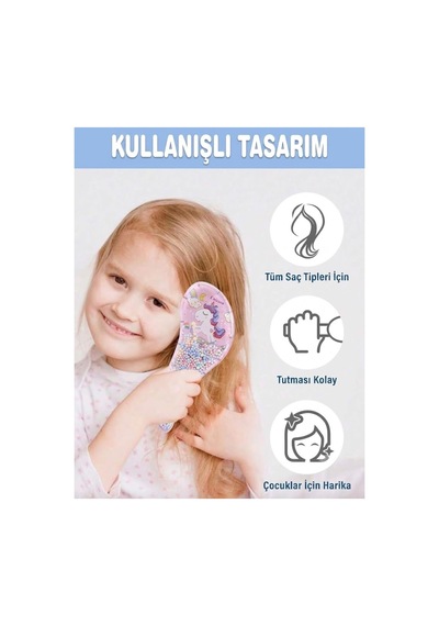 Unicorn Tasarımlı 3'lü Saç Fırçası Ve Tarak Seti - Şeffaf Boncuklu Sihirli Kolay Tarama Fırçası Pembe