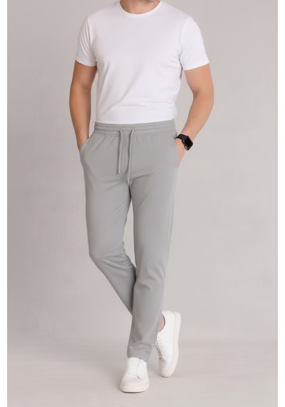 Bürke Erkek Gri Beli Lastikli Bağcıklı Duble Paça Jogger Pantolon