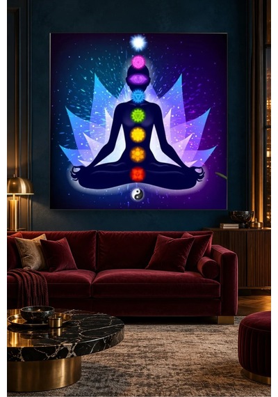 Fida Mavi Işıklı Lotus Ve Yin Yang Çakra Canvas Tablo
