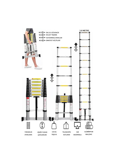 Alüminyum Katlanır Merdiven 3.8 Metre 13 Basamak
