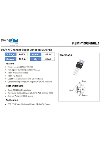 Pjmh190n60e1 600v, 20.6a, 180mohm N-channel Mosfet