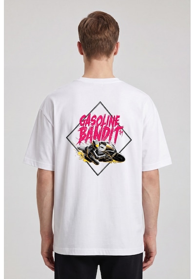 Black Nova Oversize Baskılı Unisex %100 Pamuk T-shirt Gasoline Bandit Beyaz