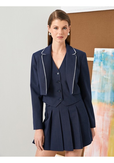 Koton Crop Blazer Ceket Biye Detaylı Lacivert Çizgili 4sak50095uw Lacivert
