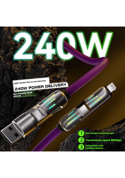 Auris Cb270 240w 4in1 Usb Type-c Lightning 1.2m Rgb Hızlı Şarj Kablosu - Siyah