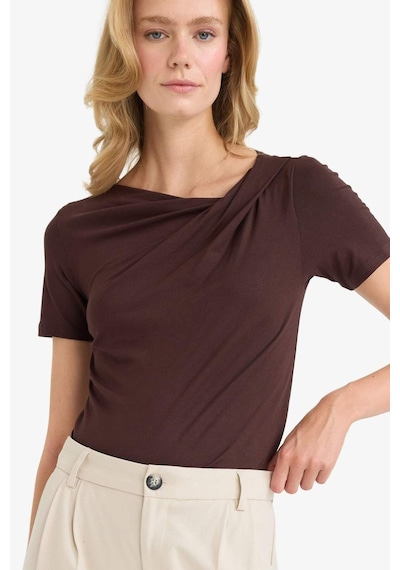 Defacto Slim Fit Dar Kesim Kayık Yaka Kısa Kollu Bluz F8008ax25aubn340 Kahve