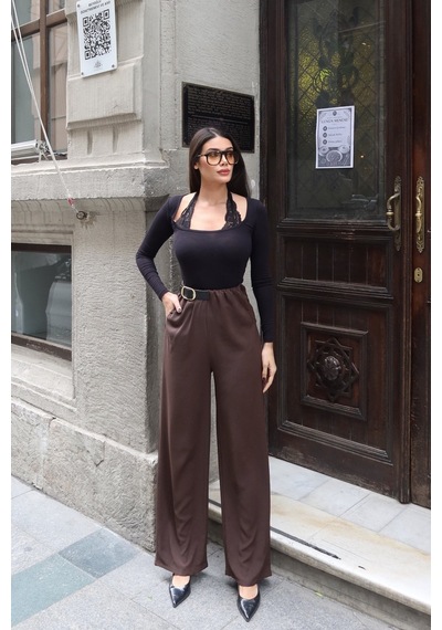 Kechi Woman Linda Twill Kumaş Kemer Detay Pantolon Kahverengi