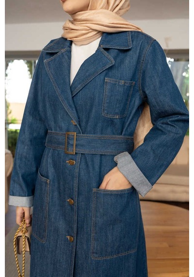 Neways 6655-kuşaklı Denim Ceket Koyu Mavi Koyu Mavi