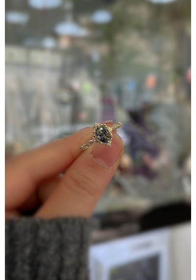 925 Gümüş Oval Mistik Taşlı Vintage Yüzük Sarı