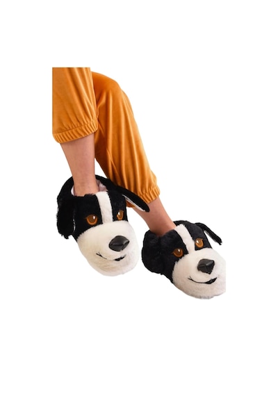 Unisex Sevimli Köpek Figürlü Kaymaz Ve Ses Yapmaz Taban Ev Panduf Siyah-siyah Siyah