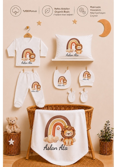 Pia Baby Erkek Bebek Yeni Doğan Hastane Çıkışı 11 Parça İsimli %100 Pamuk Organik Baskılı Set 201411yx Ekru