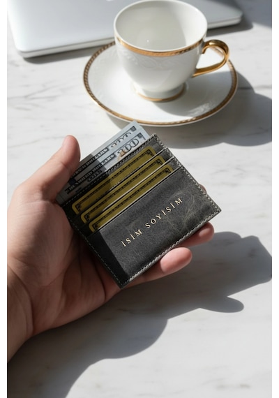 Vanilla Collection İsim Baskılı Hakiki Deri Kartlık & Cüzdan 6 Kart Kapasiteli Crazy Gri Gri
