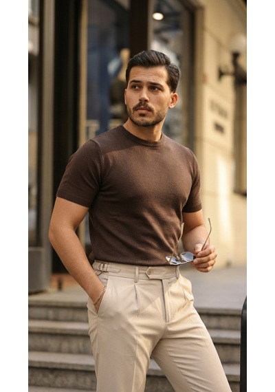 Veraura Lifestyle Erkek Basic Bisiklet Yaka Kısa Kollu Triko Tişört - %100 Pamuk Akrilik Kahverengi Veraura Lifestyle Erkek Basic Bisiklet Yaka Kısa Kollu Triko Tişört - %100 Pamuk Akrilik Kahverengi