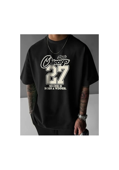 Medinenur Chiccigo Yazı Detaylı Basic T-shirt Siyah